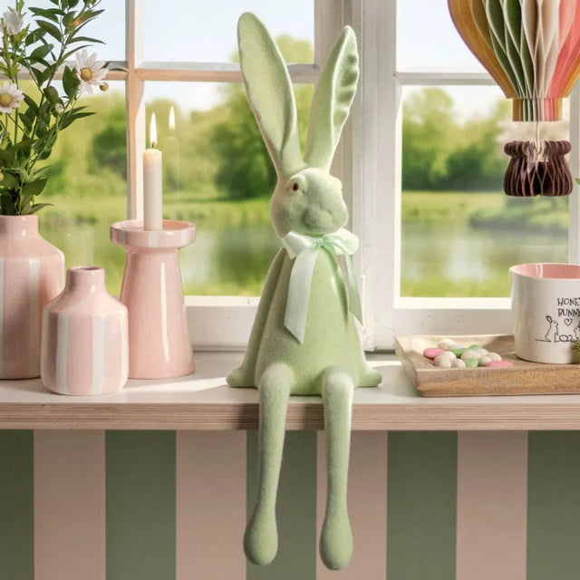 Λαγός Καθιστός με Κρεμαστά Πόδια Βελούδινος Πλαστικός Πράσινος 17x60x20cm