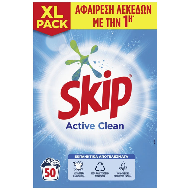 Skip Active Clean 50 Μεζ.-3.250kg Σκόνη Πλυντηρίου Ρούχων Απορρυπαντικό