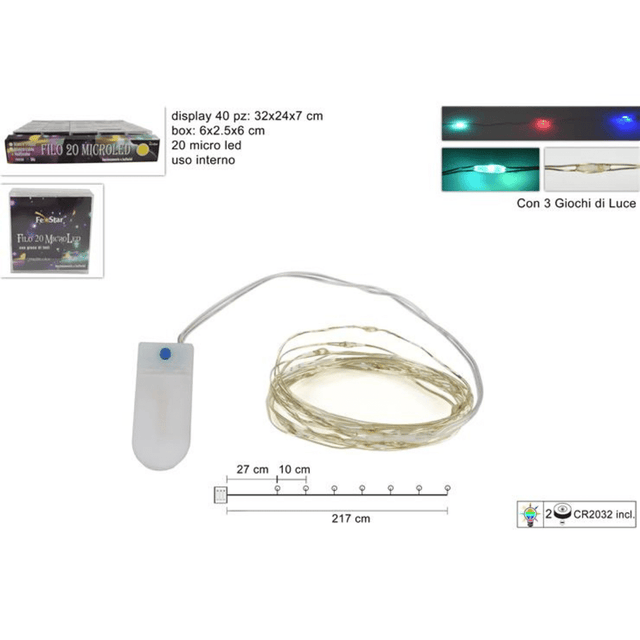 20Led Χριστουγεννιάτικα Φωτάκια Μπαταρίας Πολύχρωμο Φώς Καλώδιο Σύρμα 2.17m με Πρόγραμμα Welkhome