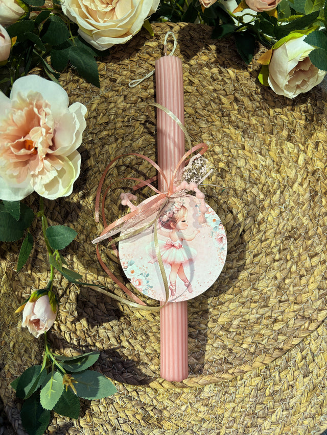 Πασχαλινή Λαμπάδα 30cm Ροζ με Ξύλινο Διακοσμητικό Μπαλαρίνα