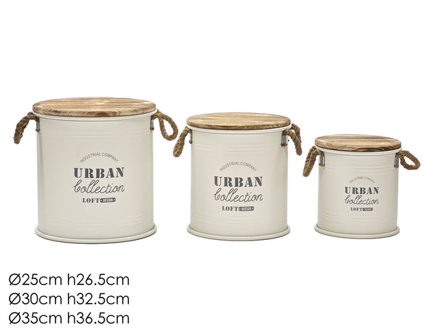 Σετ Κουτιά Αποθήκευσης Μεταλλικά με Ξύλινο Καπάκι σε Μπέζ Χρώμα