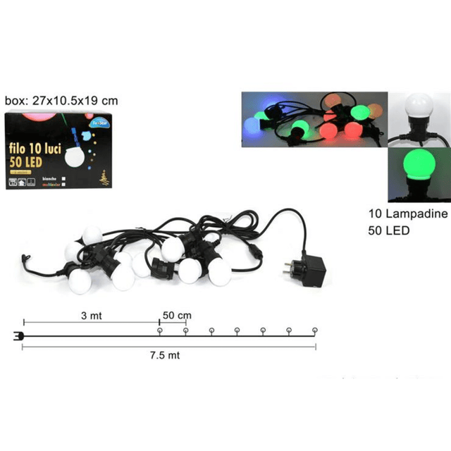 50Led 10 Χριστουγεννιάτικα Φωτάκια Πολύχρωμο Φως Μαύρο Καλώδιο 7.5m Welkhome
