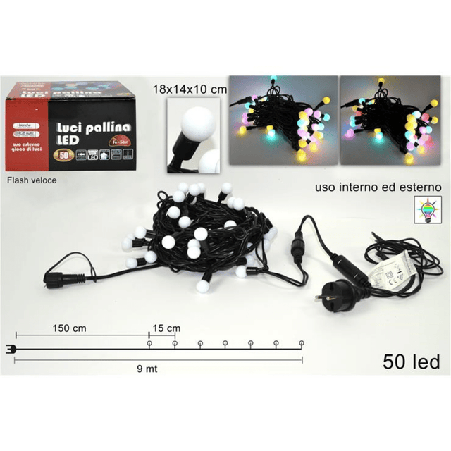 50Led (Flash) Χριστουγεννιάτικα Φωτάκια Πολύχρωμο Φως Μαύρο Καλώδιο 9m Welkhome