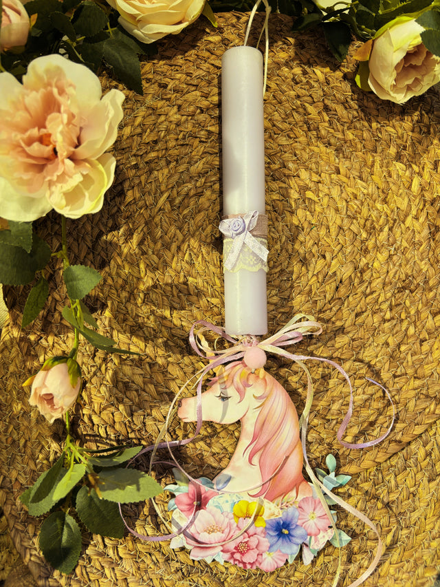 Πασχαλινή Λαμπάδα 20cm Ροζ με Κρεμαστό Ξύλινο Διακοσμητικό Μονόκερο