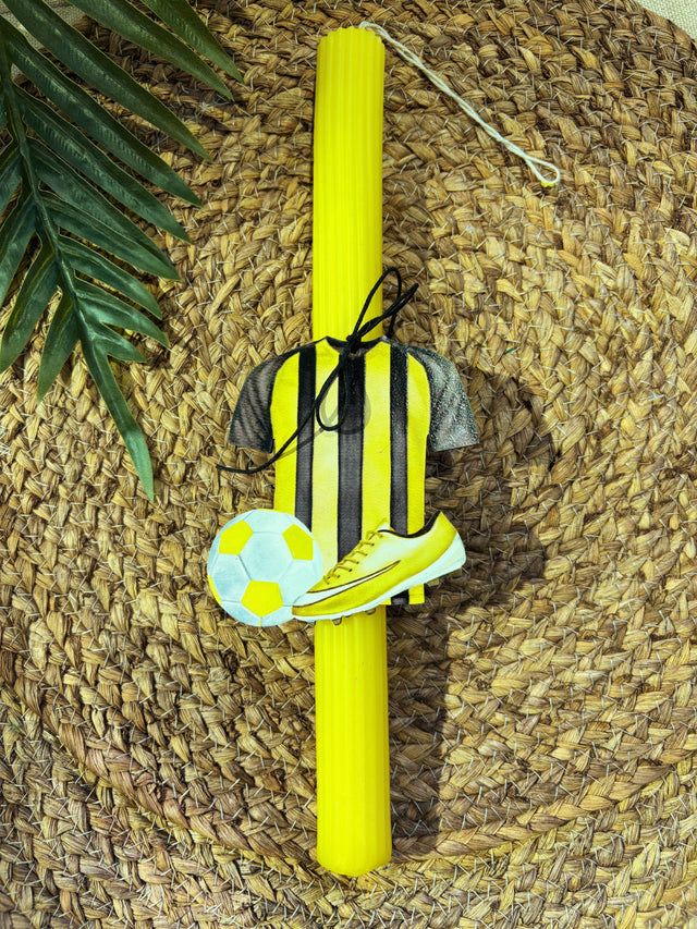 Πασχαλινή Λαμπάδα 30cm Κίτρινη με Ξύλινο Διακοσμητικό Φανέλα