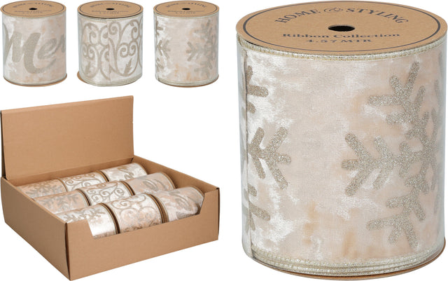 Κορδέλα Χριστουγεννιάτικη Υφασμάτινη με Χιονονυφάδες Σαμπανιζέ 450x10cm