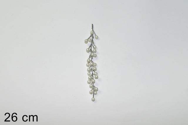 Χριστουγεννιάτικο Κλαδί Ασημί με Λευκές Πέρλες 26cm