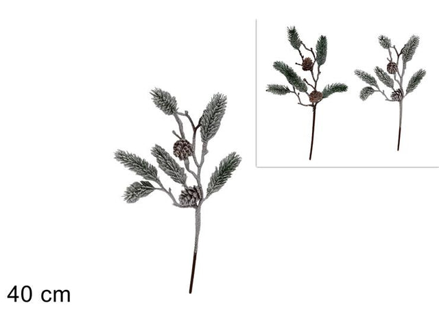 Κλαδί Χριστουγεννιάτικο Plastic Πράσινο Χιονισμένο με Κουκουνάρια 40cm