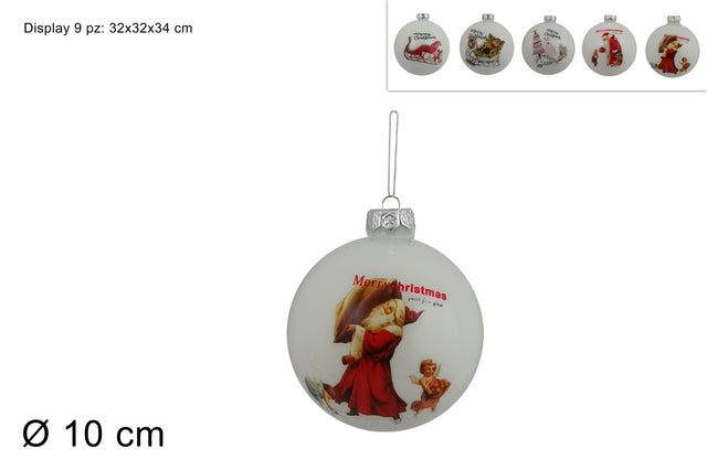 Μπάλα Λευκή 10cm Γυάλινη Χριστουγεννιάτικη με Χριστουγεννιάτικες Φιγούρες