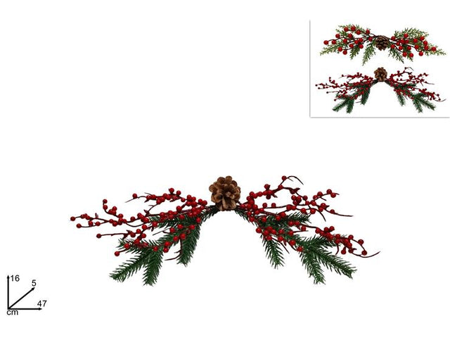 Κλαδί Χριστουγεννιάτικο Διακοσμητικό με Κόκκινα Γκί & Κουκουνάρια 47cm