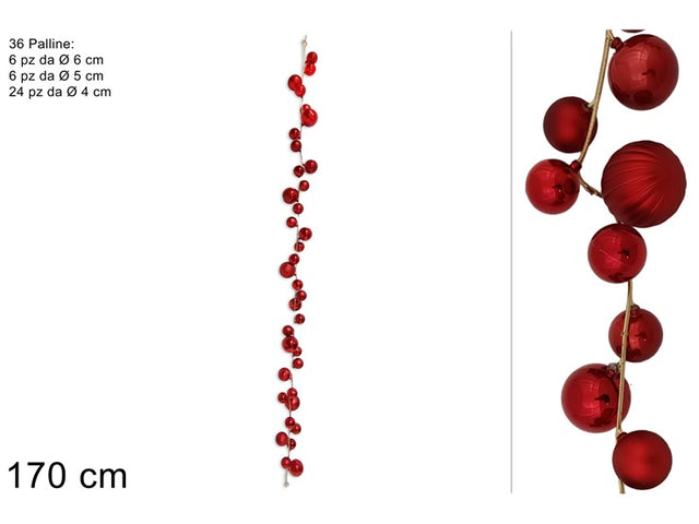 Διακοσμητική Γιρλάντα με 36 Χριστουγεννιάτικες Μπάλες Κόκκινες 170cm