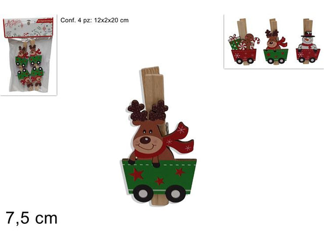 Μανταλάκια Ξύλινα με Χριστουγεννιάτικα Σχέδια Σετ 4/τεμ