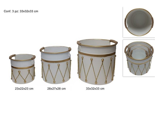 Καλάθια σε Σχήμα Τύμπανο Σετ 3/τεμ Μεταλλικά Χρώμα Λευκό 23/28/33cm