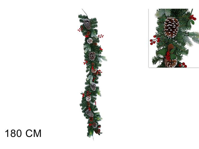 Γιρλάντα Χριστουγεννιάτικη Πράσινη με Κουκουνάρια & Κόκκινα Γκί 180cm