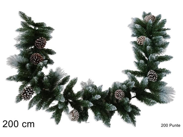 Γιρλάντα Χριστουγεννιάτικη Πράσινη Χιονισμένη 200 Κλαδιά με Κουκουνάρια 200cm