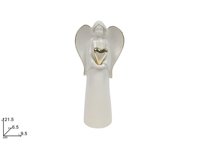 Άγγελος Διακοσμητική Φιγούρα με Χρυσή Καρδιά Κεραμική Χρώμα Λευκό 21,5cm