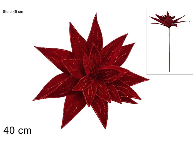 Χριστουγεννιάτικο Λουλούδι Βελούδινο Κόκκινο με Γκλίτερ 40cm