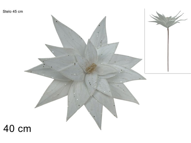 Χριστουγεννιάτικο Λουλούδι Βελούδινο Λευκό με Γκλίτερ 40cm