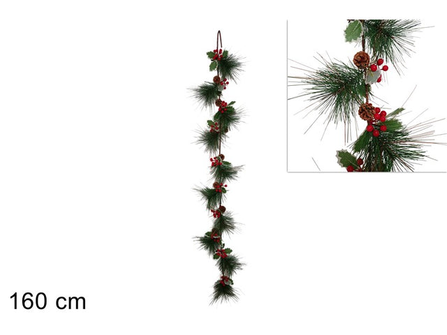 Γιρλάντα Χριστουγεννιάτικη Πράσινη με Κουκουνάρια & Κόκκινα Γκί 160cm