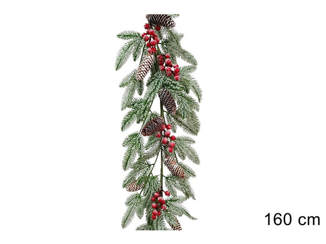 Γιρλάντα Χριστουγεννιάτικη Plastic Πράσινη Χιονισμένη με Κόκκινα Γκί & Κουκουνάρια 160cm