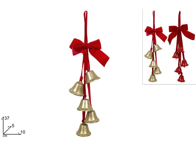 Κεραμαστό Στολίδι Καμπανάκια Χρυσά με Κόκκινο Βελούδινο Φιόγκο 37cm