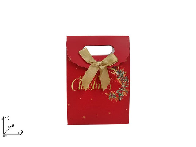 Χριστουγεννιάτικη Σακούλα Δώρου Χάρτινη Κόκκινη με Χρυσό Φιόγκο 9x13x5cm