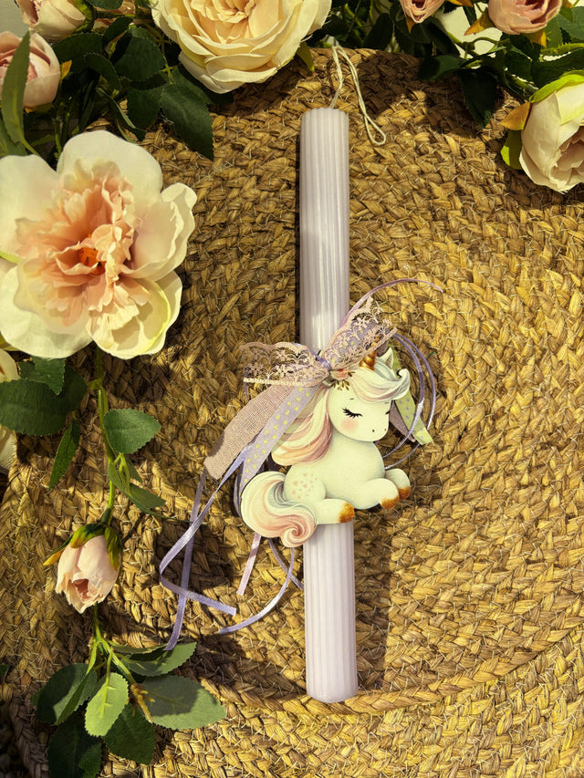 Πασχαλινή Λαμπάδα 30cm Μωβ με Ξύλινο Διακοσμητικό Μονόκερος