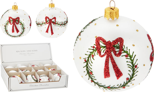 Μπάλα Χριστουγεννιάτικη Γυάλινη Λευκή με Κόκκινο Φιόγκο 8cm