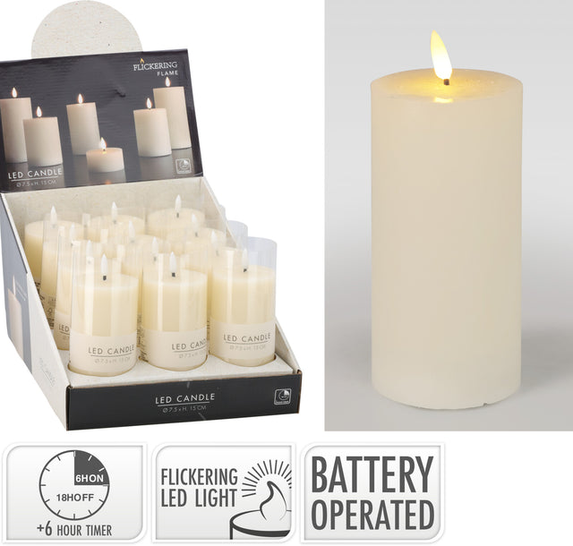 Κερί Κορμός Led Μπαταρίας 7.5x15cm Λευκό