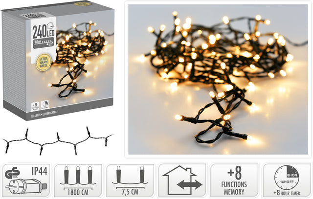 240 Led Χριστουγεννιάτικα Φωτάκια Θερμό Φώς Πράσινο Καλώδιο 18m με Πρόγραμμα