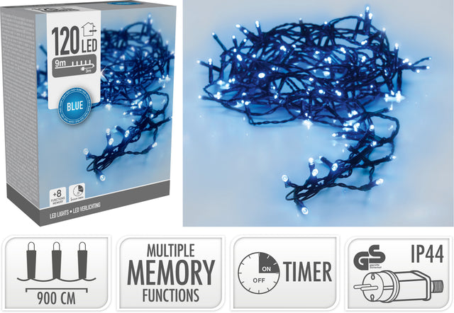 120 Led Χριστουγεννιάτικα Φωτάκια Μπλέ Φώς Μαύρο Καλώδιο 9m με Πρόγραμμα