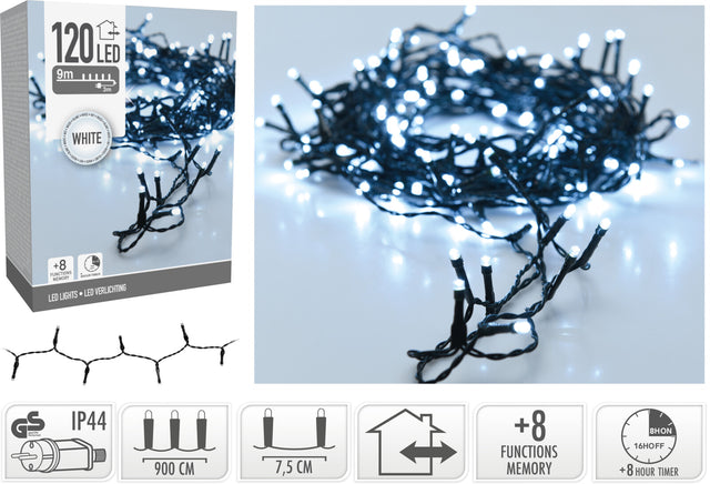 120 Led Χριστουγεννιάτικα Φωτάκια Λευκό ΦΩς Πράσινο Καλώδιο 9m με Πρόγραμμα