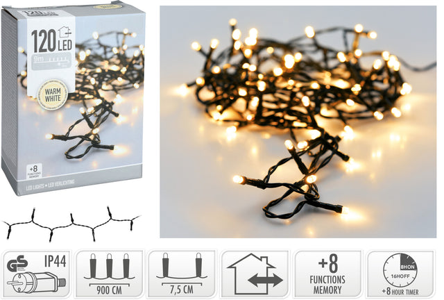 120 Led Χριστουγεννιάτικα Φωτάκια Θερμό Λευκό Φώς Πράσινο Καλώδιο 9m με Πρόγραμμα