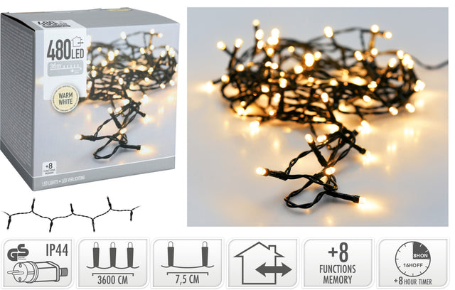 480 Led Χριστουγεννιάτικα Φωτάκια Θερμό Λευκό Φώς Πράσινο Καλώδιο 36m με Πρόγραμμα