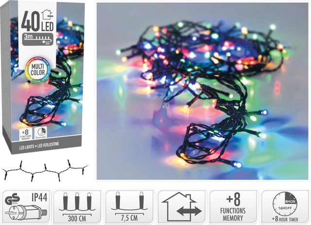40 Led Χριστουγεννιάτικα Φωτάκια Πολύχρωμο Φώς Πράσινο Καλώδιο 3m με Πρόγραμμα