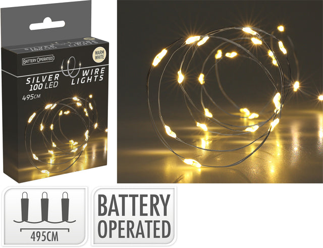 100 Led Χριστουγεννιάτικα Φωτάκια Μπαταρίας Θερμό Λευκό Φώς Copper Καλώδιο Σύρμα 4.95m