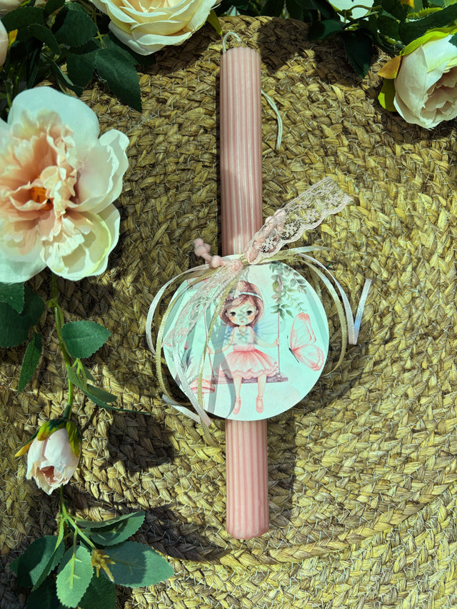 Πασχαλινή Λαμπάδα 30cm Ροζ με Ξύλινο Διακοσμητικό Νεράιδα