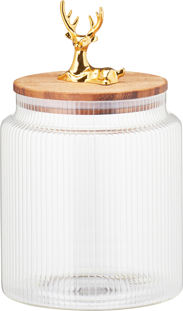 Χριστουγεννιάτικο Βάζο Αποθήκευσης Γυάλινο Διάφανο Με Καπάκι Χρυσό Τάρανδο 1100ml