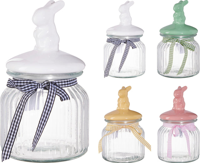 Πασχαλινό Δοχείο Αποθήκευσης Γυάλινο με Καπάκι σε Σχήμα Λαγού 650ml 4 Χρώματα