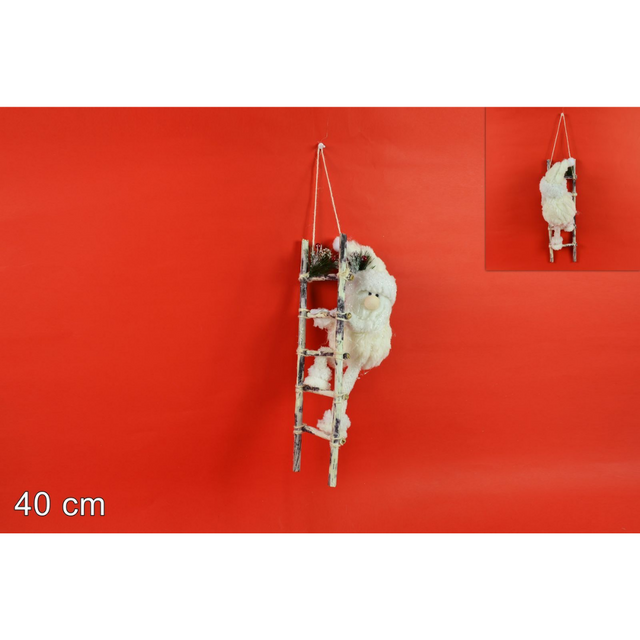 Άγιος Βασίλης Γούνινος Λευκός Πάνω σε Ξύλινη Σκάλα 40cm Welkhome