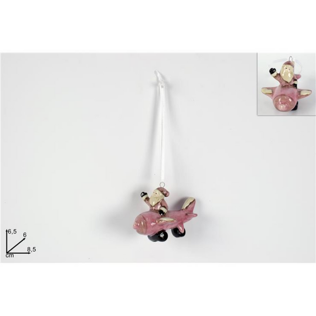 Αεροπλανάκι με Άγιο Βασίλη Κρεμαστό Στολίδι Κεραμικό Ροζ 6.5x6x8.5cm Welkhome