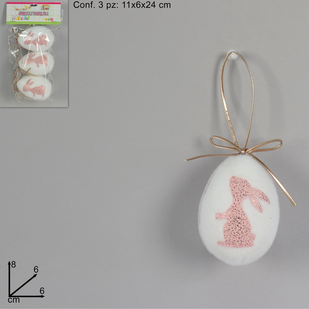 Αυγά Λευκά Σετ 3τμχ Κρεμαστά Διακοσμητικά με Λαγό 8cm Art.SDE1910068 Welkhome