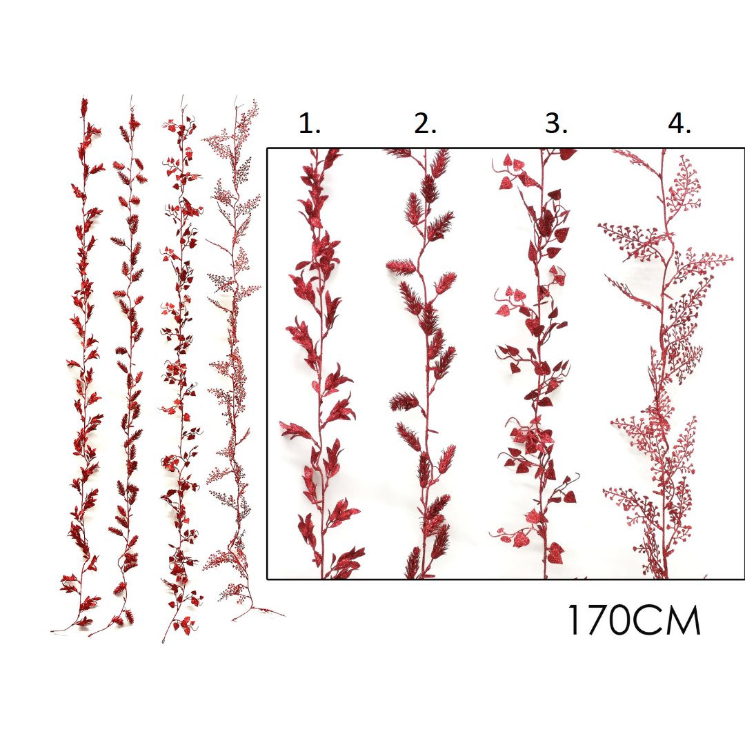 Γιρλάντα Χριστουγεννιάτικη Διακοσμητική με Φύλλα Γκλίτερ Κόκκινα 170cm Vesti Casa