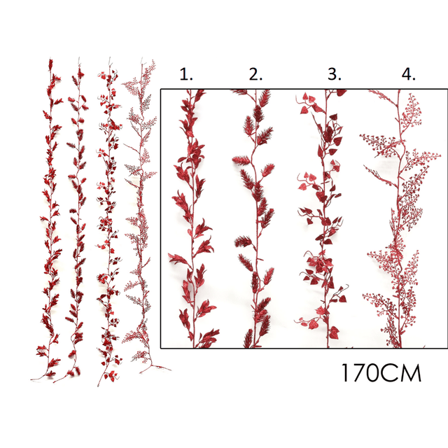 Γιρλάντα Χριστουγεννιάτικη Διακοσμητική με Φύλλα Γκλίτερ Κόκκινα 170cm Vesti Casa
