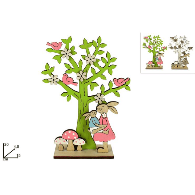 Δέντρο Διακοσμητικό Ξύλινο με Λαγουδάκια Φιγούρες 20cm σε 2 Χρώματα