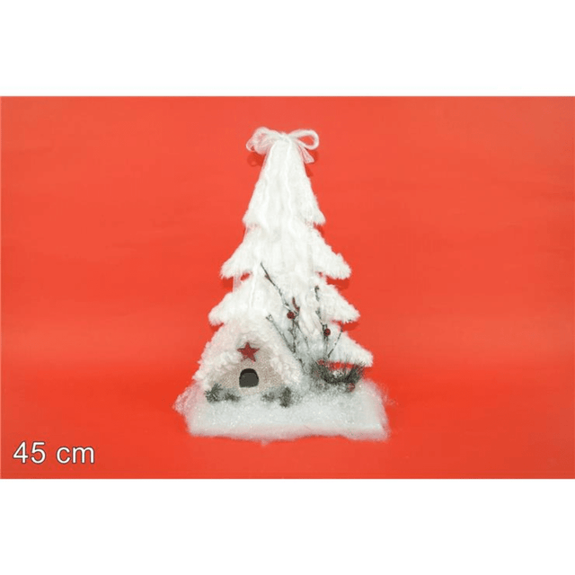Δέντρο Χιονισμένο Γούνινο με Σπιτάκι 45cm Λευκό Welkhome