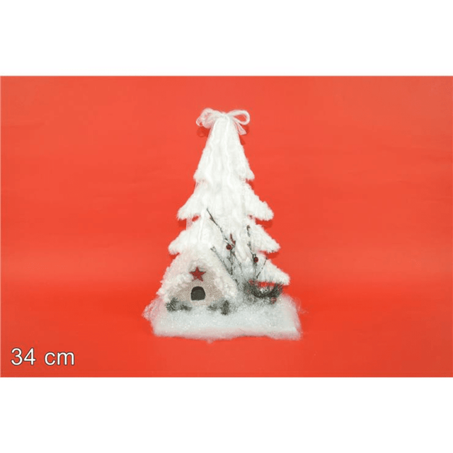 Δέντρο Χιονισμένο Γούνινο με Σπιτάκι 34cm Λευκό Welkhome