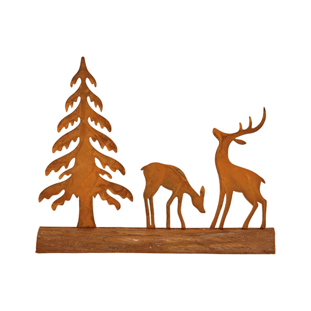 Διακοσμητικό Δάσος με Ελάφια από Καφέ Σκουριαμένο Μέταλλο σε Ξύλινη Βάση 26x22x5cm G.Wurm