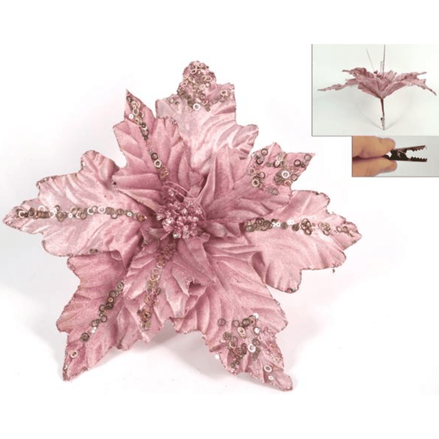 Χριστουγεννιάτικο Λουλούδι Δέντρου Ρόζ με Κλίπ 20cm Welkhome