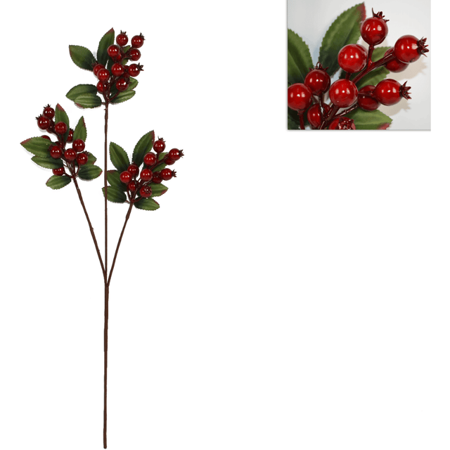 Χριστουγεννιάτικο Κλαδί με Κόκκινα Γκί και Φύλλα 60cm